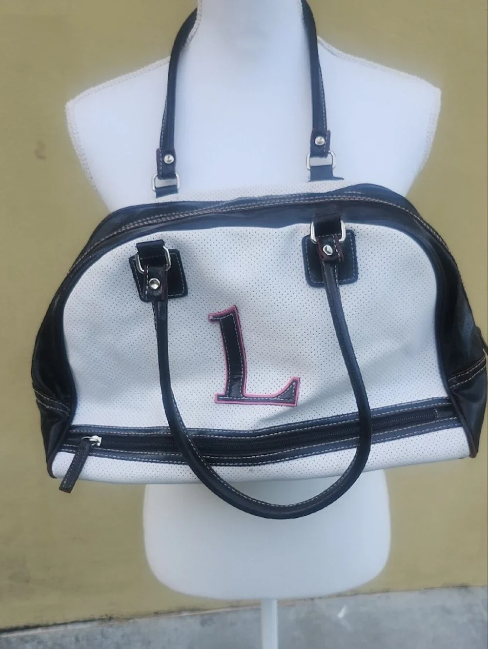 Y2k White Perforated Tote with Black Trim and Pink Monogram